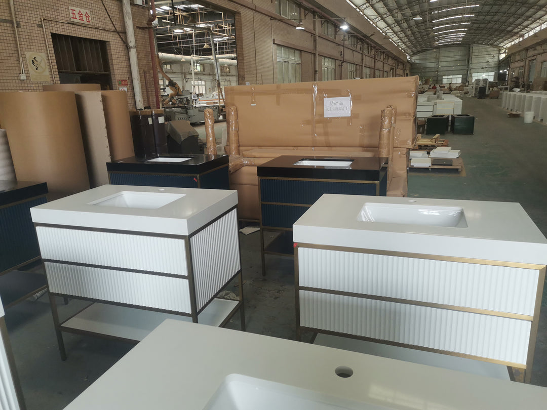 DOLCE 1926- WHITE ART DECO -SATIN BRUSHED GOLD STEEL FRAMED BATHROOM VANITY