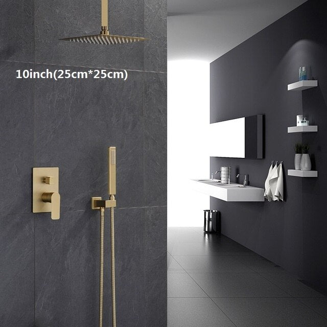 Brushed gold CSA square 12 inch 3 way function diverter with hand spray and 6 body jets shower kit