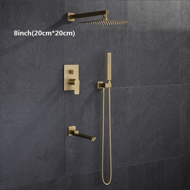 Brushed gold CSA square 12 inch 3 way function diverter with hand spray and 6 body jets shower kit