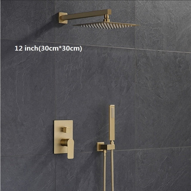 Brushed gold CSA square 12 inch 3 way function diverter with hand spray and 6 body jets shower kit