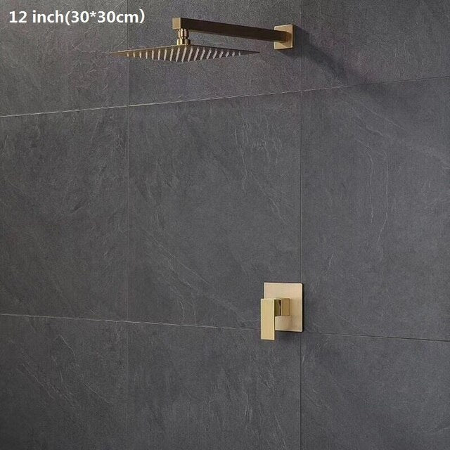 Brushed gold CSA square 12 inch 3 way function diverter with hand spray and 6 body jets shower kit