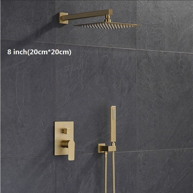 Brushed gold CSA square 12 inch 3 way function diverter with hand spray and 6 body jets shower kit