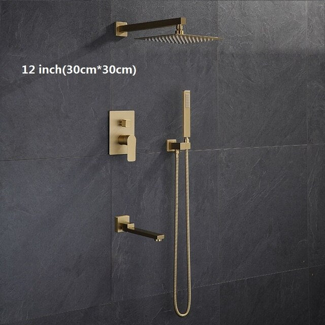 Brushed gold CSA square 12 inch 3 way function diverter with hand spray and 6 body jets shower kit
