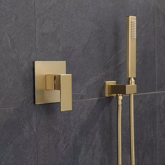Brushed gold CSA square 12 inch 3 way function diverter with hand spray and 6 body jets shower kit