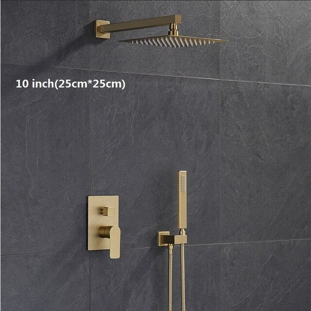 Brushed gold CSA square 12 inch 3 way function diverter with hand spray and 6 body jets shower kit