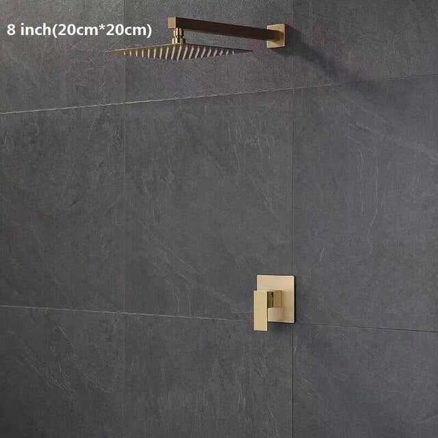 Brushed gold CSA square 12 inch 3 way function diverter with hand spray and 6 body jets shower kit
