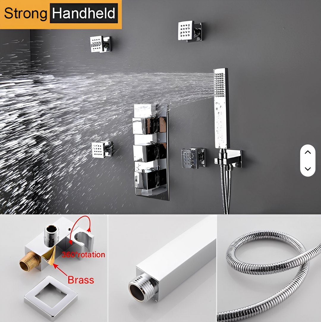 Chrome LED Spa Rain Head 3 Way Function Thermostatic Shower Kit
