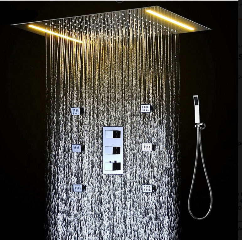 Chrome LED Spa Rain Head 3 Way Function Thermostatic Shower Kit