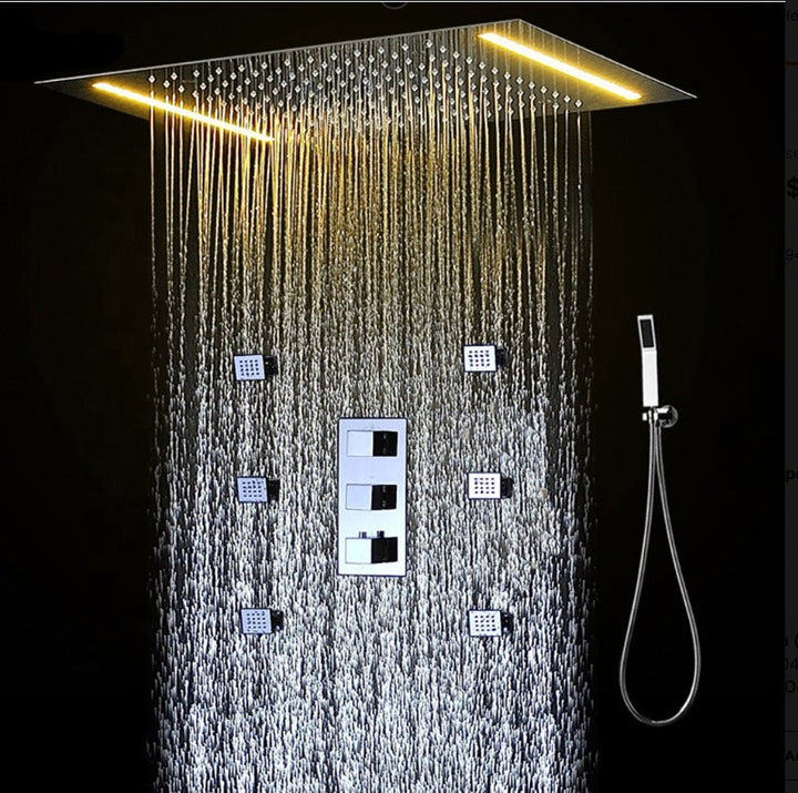 Chrome LED Spa Rain Head 3 Way Function Thermostatic Shower Kit