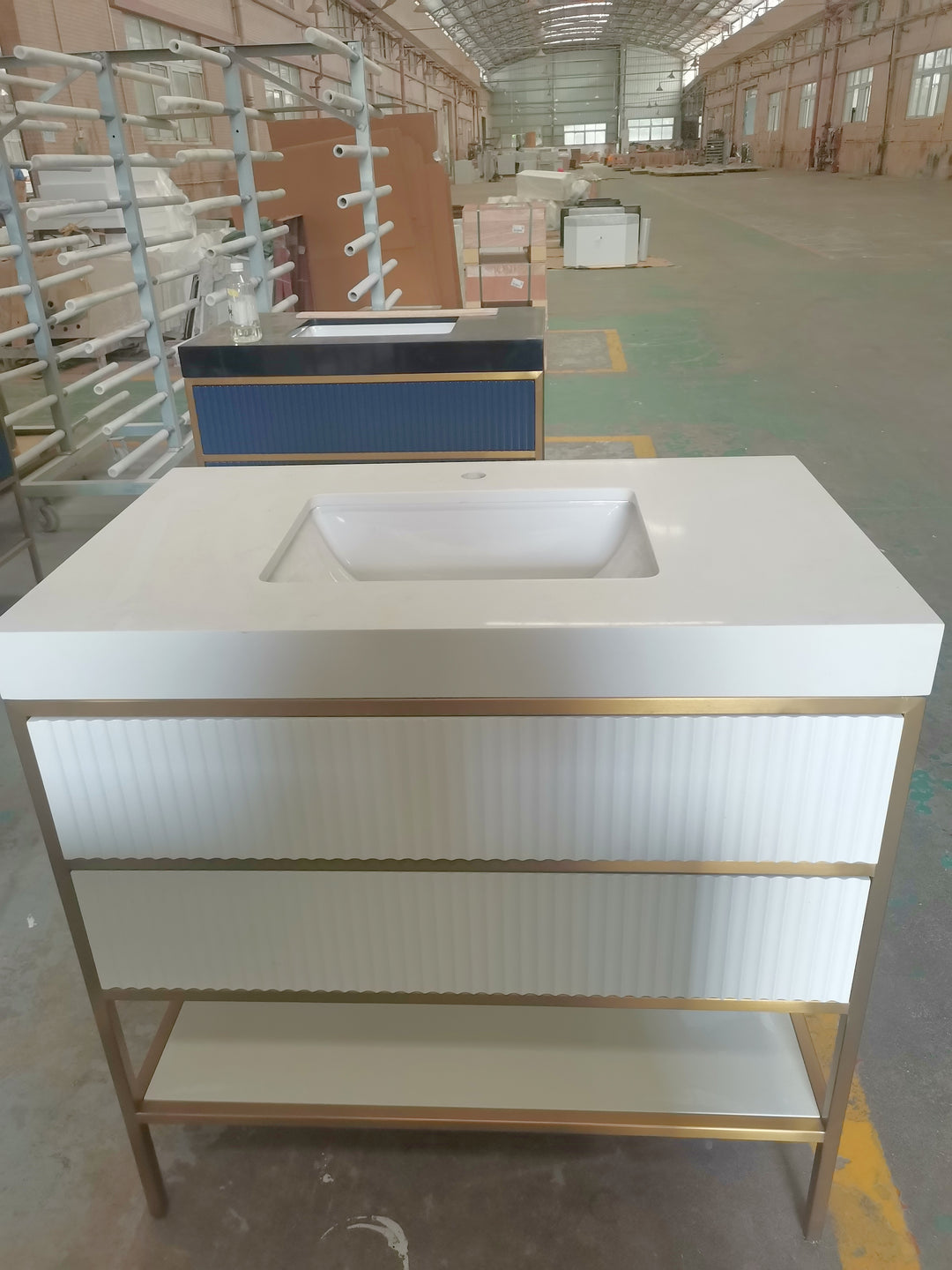 DOLCE 1926- WHITE ART DECO -SATIN BRUSHED GOLD STEEL FRAMED BATHROOM VANITY