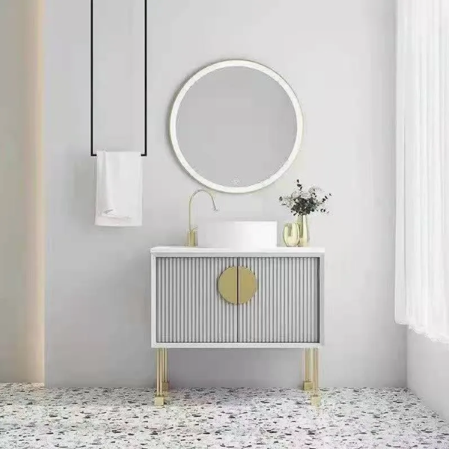 Florence-Pink - Light Grey Freestanding with Brushed Gold Trim Bathroom Vanity Set