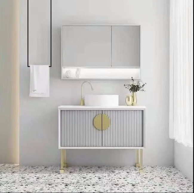 Florence-Pink - Light Grey Freestanding with Brushed Gold Trim Bathroom Vanity Set