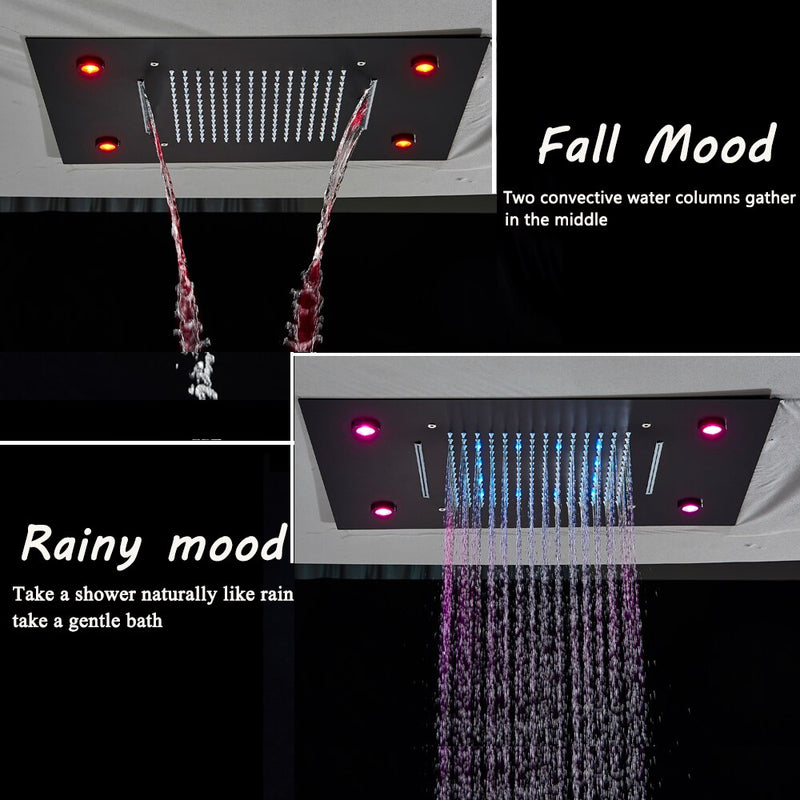 23"x15" LED  Spa shower ceiling flushmount rain , waterfall thermostatic PB 4 way function diverter with hand spray and 6 body jets completed set