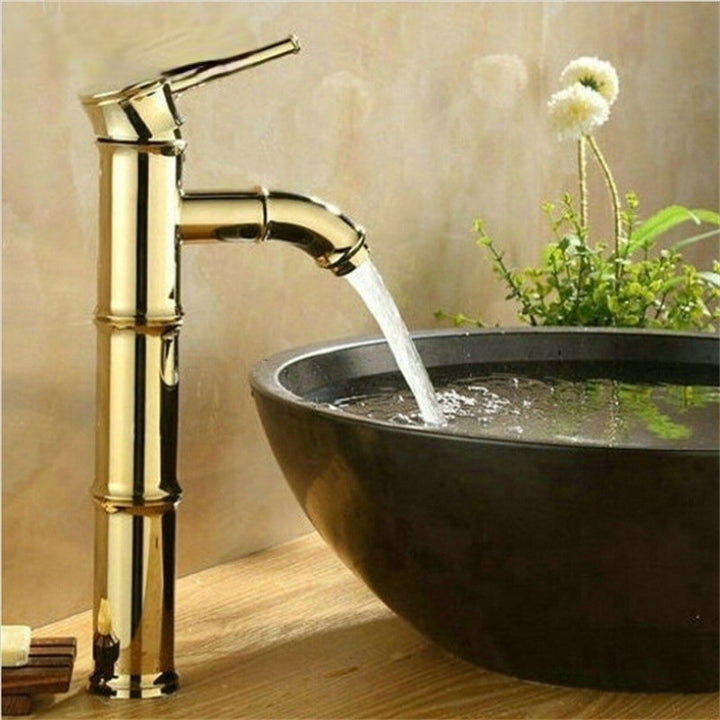 Gold polished brass tall vessel bamboo faucet