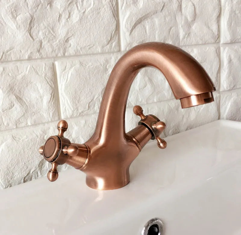 Copper satin victorian hot and cold cross handles single hole bathroo faucet