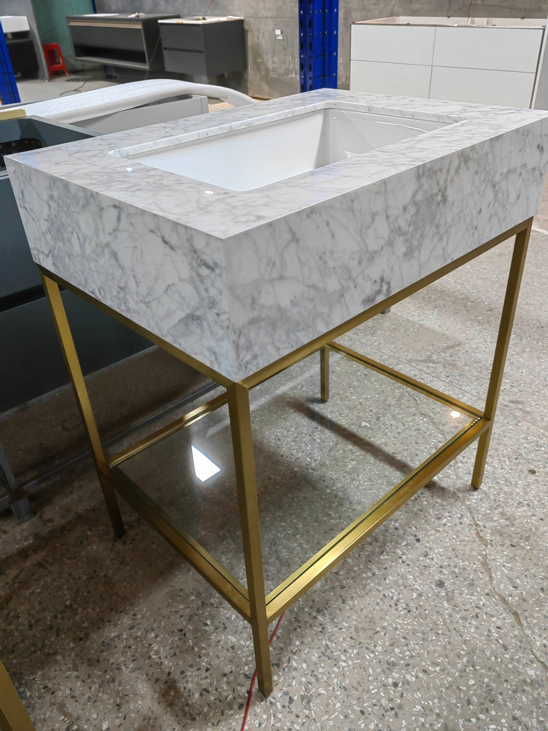 MILANO-Modern Exposed Console brushed gold steel with Carrera Marble vanity