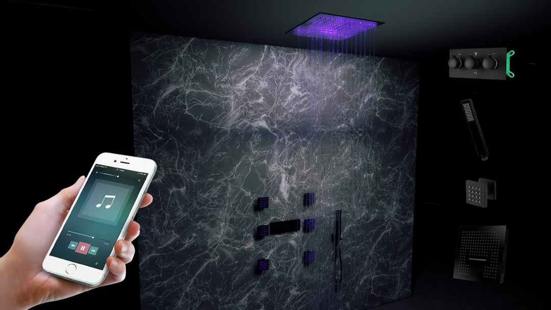 Black 12"x12" Square SPA Ceiling Flushmount LED Rain head, Bluetooth Wifi Music 4 way function shower system kit
