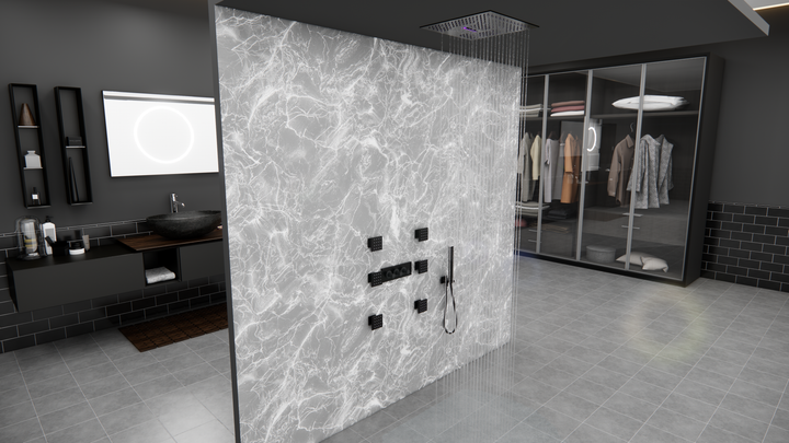 Black 12"x12" Square SPA Ceiling Flushmount LED Rain head, Bluetooth Wifi Music 4 way function shower system kit