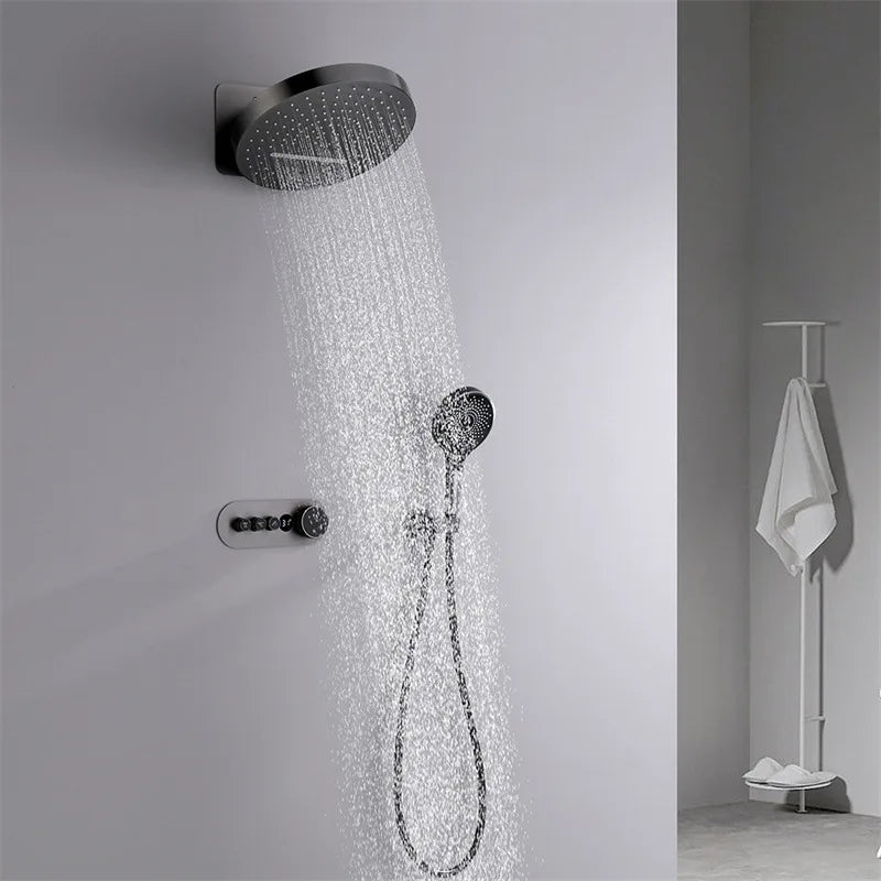 Hanz-Rainfall Shower Set Wall Mounted Gray Thermostatic Shower Faucet Set Digital Display Bathroom Bath & Shower Mixer Tap Brass