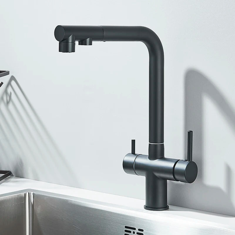 Saigon-Filter Kitchen Faucet Dual Handles Deck Mounted Pull Out Mixer Tap 360 Degree Rotation Water Purification Crane