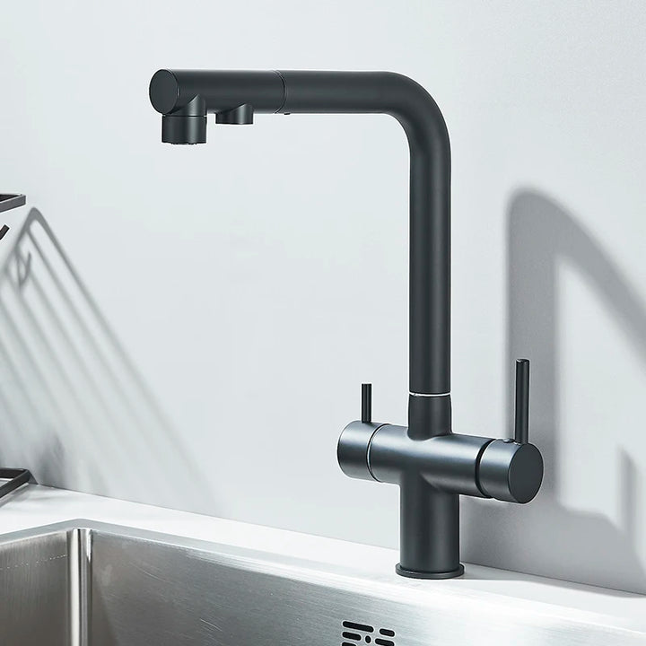 Saigon-Filter Kitchen Faucet Dual Handles Deck Mounted Pull Out Mixer Tap 360 Degree Rotation Water Purification Crane