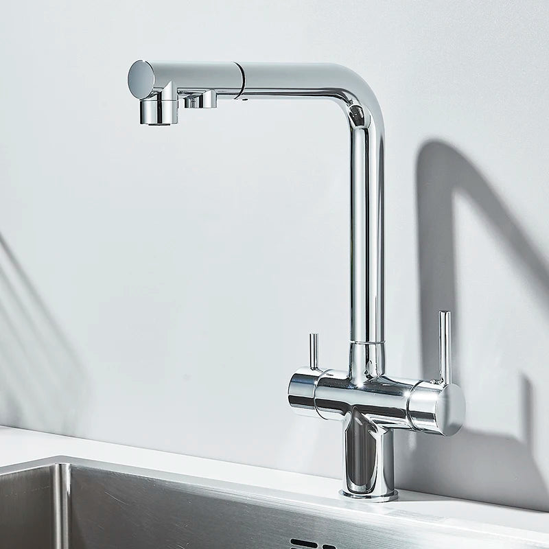 Saigon-Filter Kitchen Faucet Dual Handles Deck Mounted Pull Out Mixer Tap 360 Degree Rotation Water Purification Crane