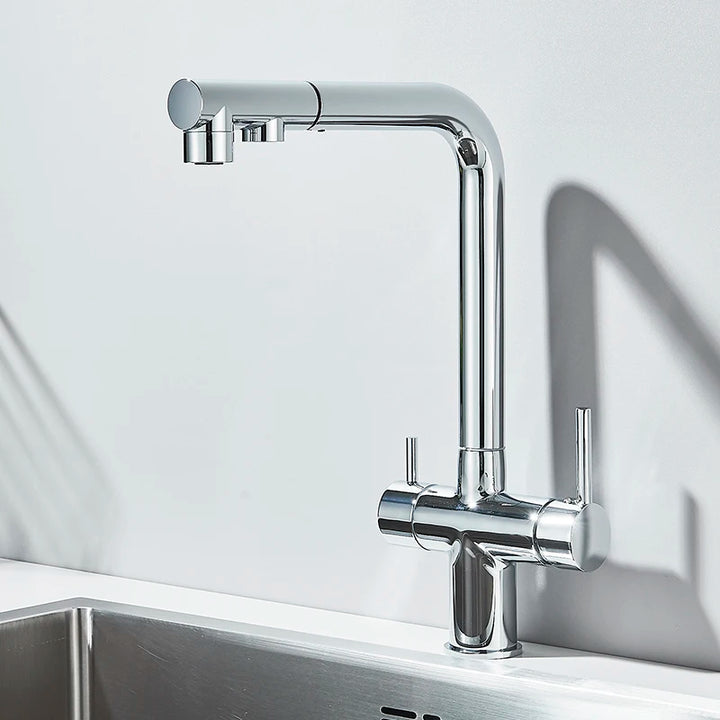 Saigon-Filter Kitchen Faucet Dual Handles Deck Mounted Pull Out Mixer Tap 360 Degree Rotation Water Purification Crane