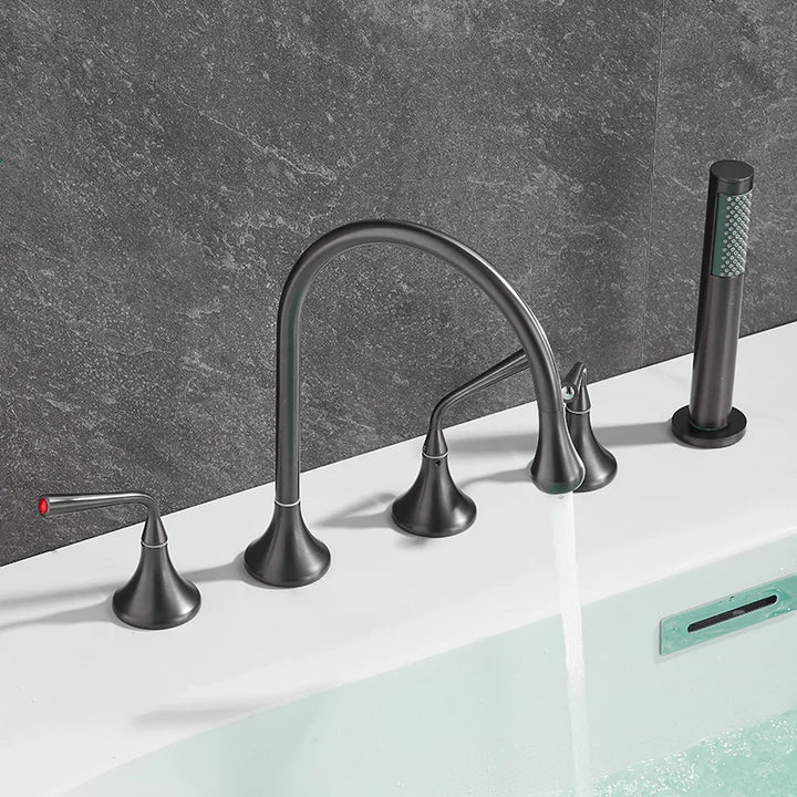 Luxury Brass Black Deck-Mounted 5-Hole Bathroom Bath tub Rotating Faucet Mixer Bathtub Basin Water Tap With Spray