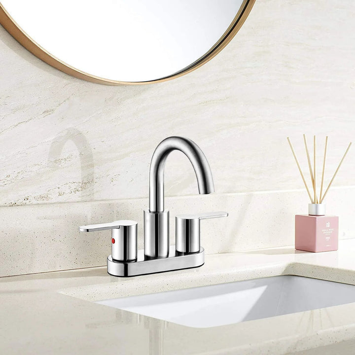 Brushed gold 4 inch wide spread bathroom faucet
