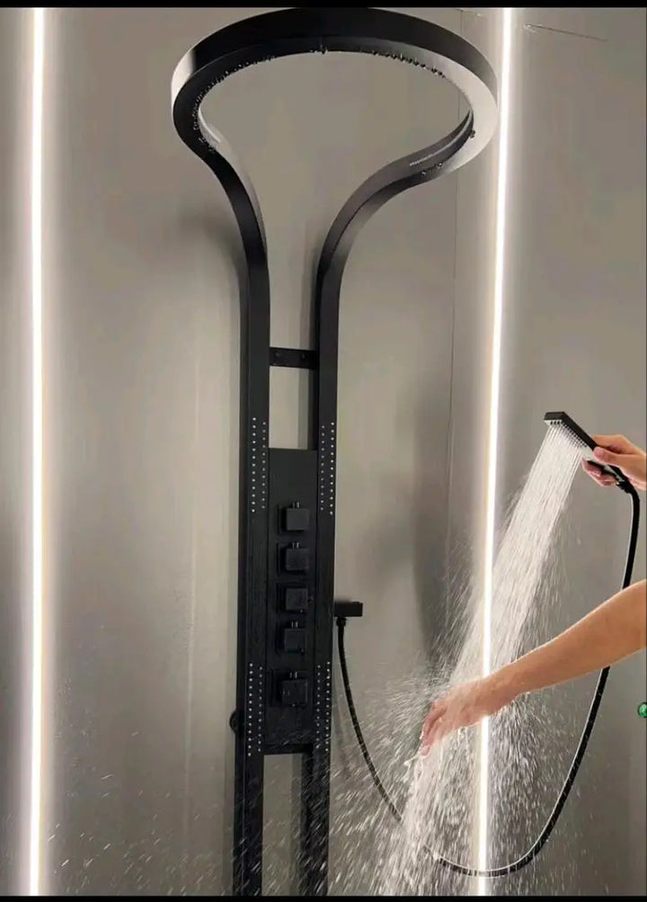 KING-Waterfall Black OUTDOOR-INDOOR Steel  Wall Mounted Multifunction Bathroom Waterfall Rainfall Shower Head Set System Panel