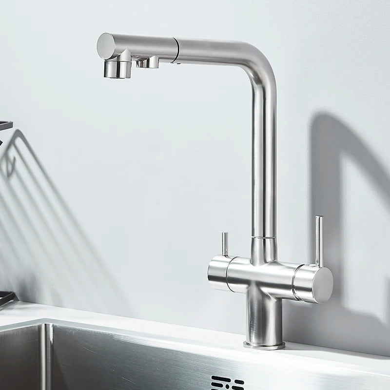 Saigon-Filter Kitchen Faucet Dual Handles Deck Mounted Pull Out Mixer Tap 360 Degree Rotation Water Purification Crane