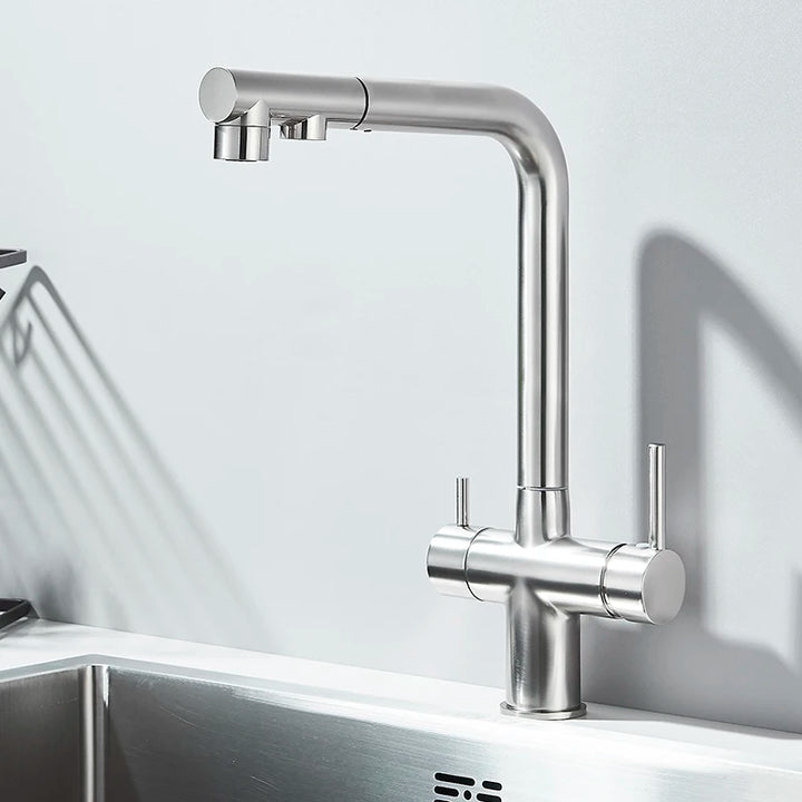 Saigon-Filter Kitchen Faucet Dual Handles Deck Mounted Pull Out Mixer Tap 360 Degree Rotation Water Purification Crane