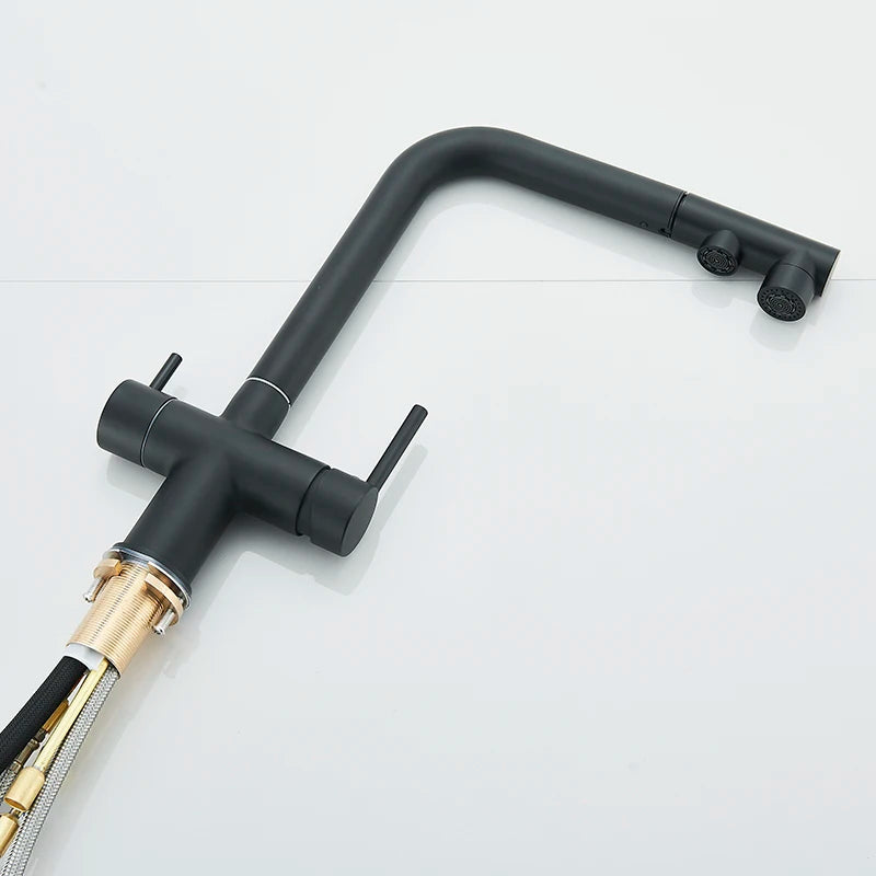 Saigon-Filter Kitchen Faucet Dual Handles Deck Mounted Pull Out Mixer Tap 360 Degree Rotation Water Purification Crane