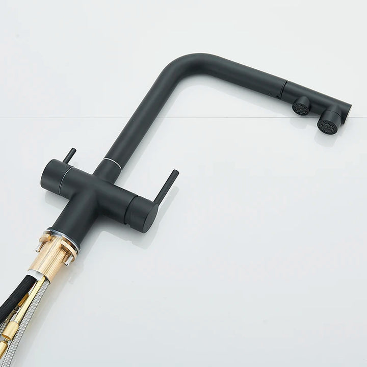 Saigon-Filter Kitchen Faucet Dual Handles Deck Mounted Pull Out Mixer Tap 360 Degree Rotation Water Purification Crane