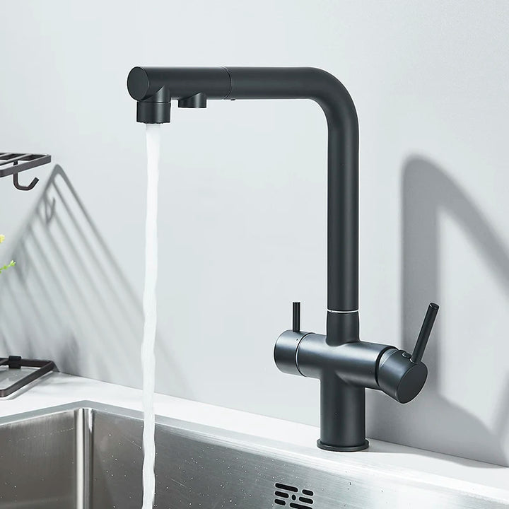 Saigon-Filter Kitchen Faucet Dual Handles Deck Mounted Pull Out Mixer Tap 360 Degree Rotation Water Purification Crane