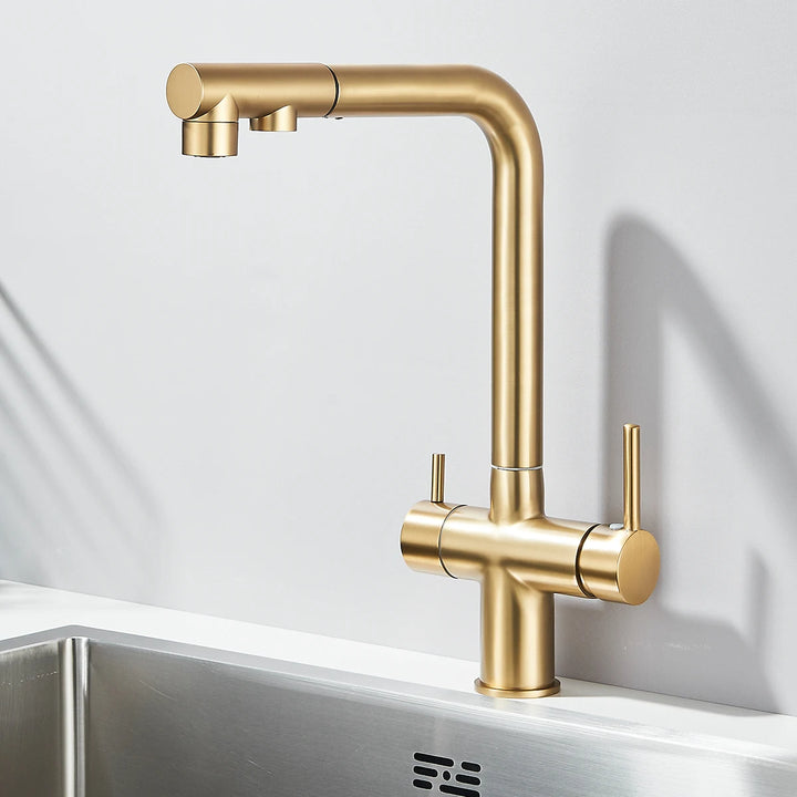 Saigon-Filter Kitchen Faucet Dual Handles Deck Mounted Pull Out Mixer Tap 360 Degree Rotation Water Purification Crane