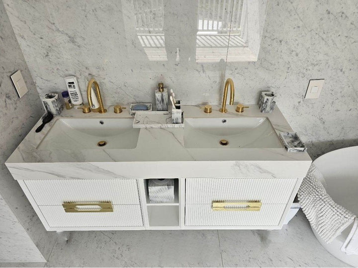 Sienna-Bathroom White Matte with Marble Natural Top Vanity completed Set with LED antifog Mirror included 60"x30"