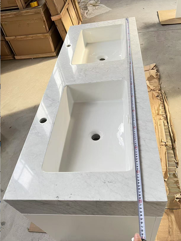 Sienna-Bathroom White Matte with Marble Natural Top Vanity completed Set with LED antifog Mirror included 60"x30"