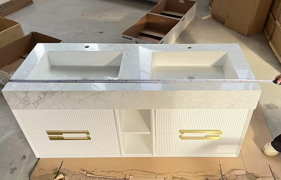Sienna-Bathroom White Matte with Marble Natural Top Vanity completed Set with LED antifog Mirror included 60"x30"