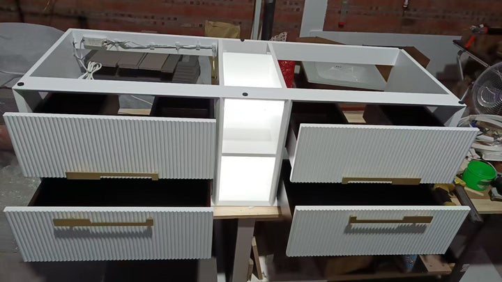 Sienna-Bathroom White Matte with Marble Natural Top Vanity completed Set with LED antifog Mirror included 60"x30"