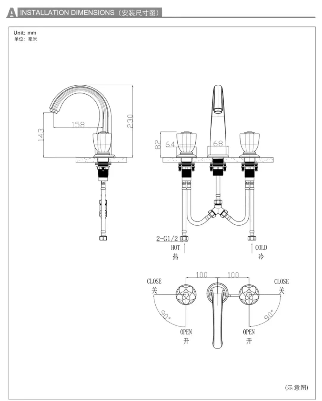 Palazzo-Gold polish PVD 8" inch widespread faucet with round crystal handles