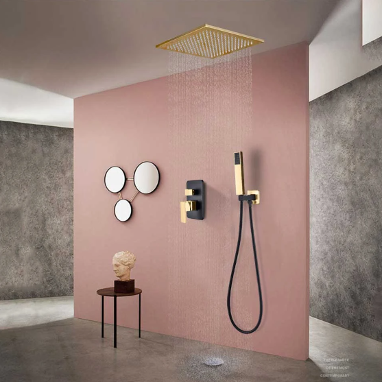 Black with gold square 16" inch ceiling mount rain head 2 way function ...