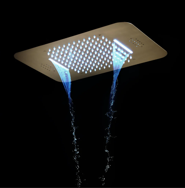 Brushed gold led spa shower system flushmount ceiling shower , hand spray, 45degree shower , and 6 body jets completed set