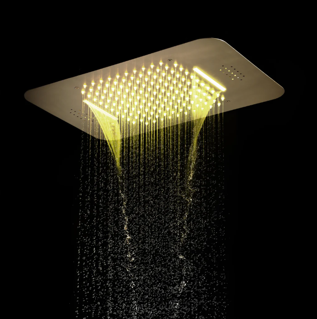 Brushed gold led spa shower system flushmount ceiling shower , hand spray, 45degree shower , and 6 body jets completed set