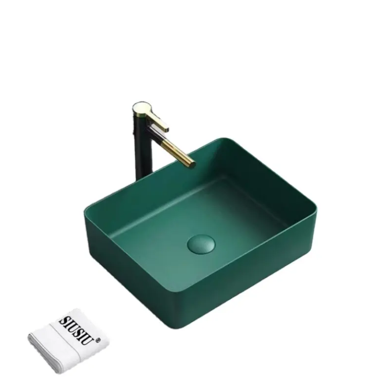 Green matte square ceramic vessel sink 14"x14"x6'