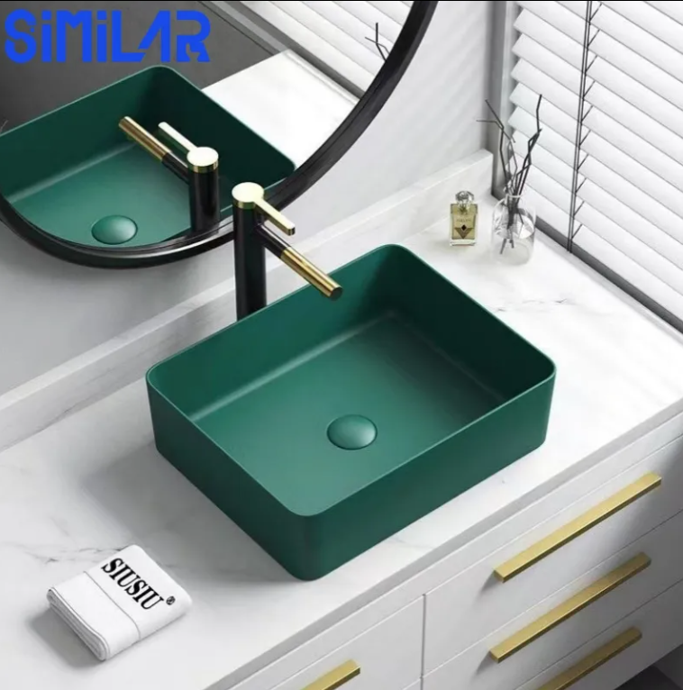 Green matte square ceramic vessel sink 14"x14"x6'