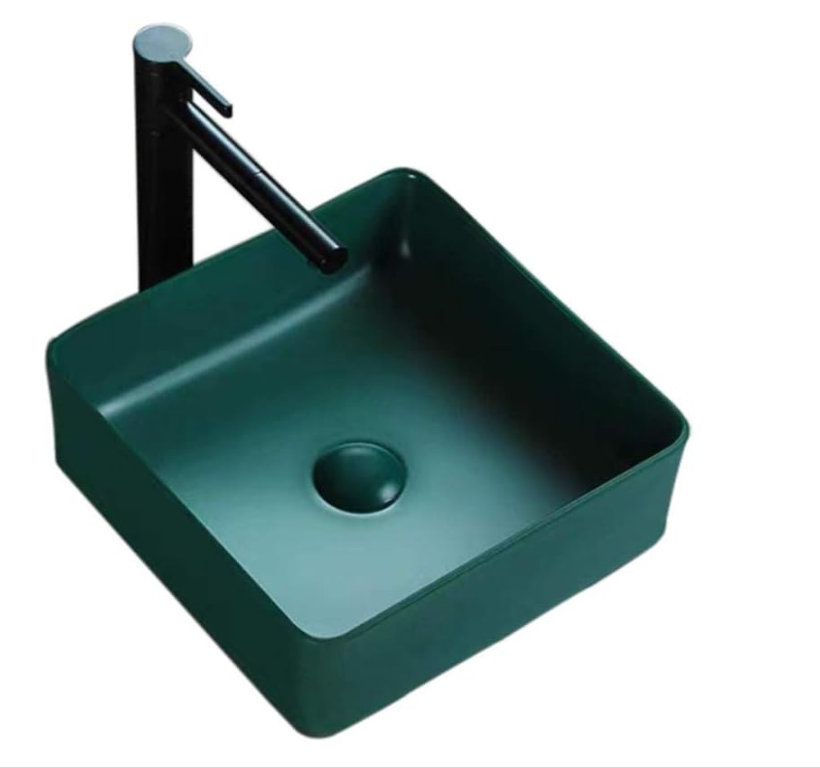 Green matte square ceramic vessel sink 14"x14"x6'
