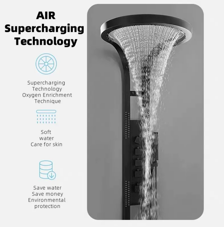 KING-Waterfall Black OUTDOOR-INDOOR Steel  Wall Mounted Multifunction Bathroom Waterfall Rainfall Shower Head Set System Panel