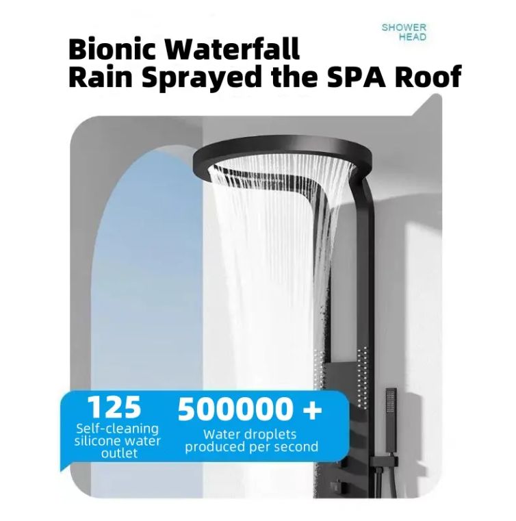 KING-Waterfall Black OUTDOOR-INDOOR Steel  Wall Mounted Multifunction Bathroom Waterfall Rainfall Shower Head Set System Panel