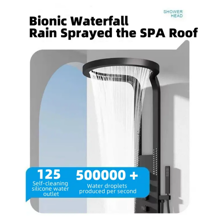 KING-Waterfall Black OUTDOOR-INDOOR Steel  Wall Mounted Multifunction Bathroom Waterfall Rainfall Shower Head Set System Panel